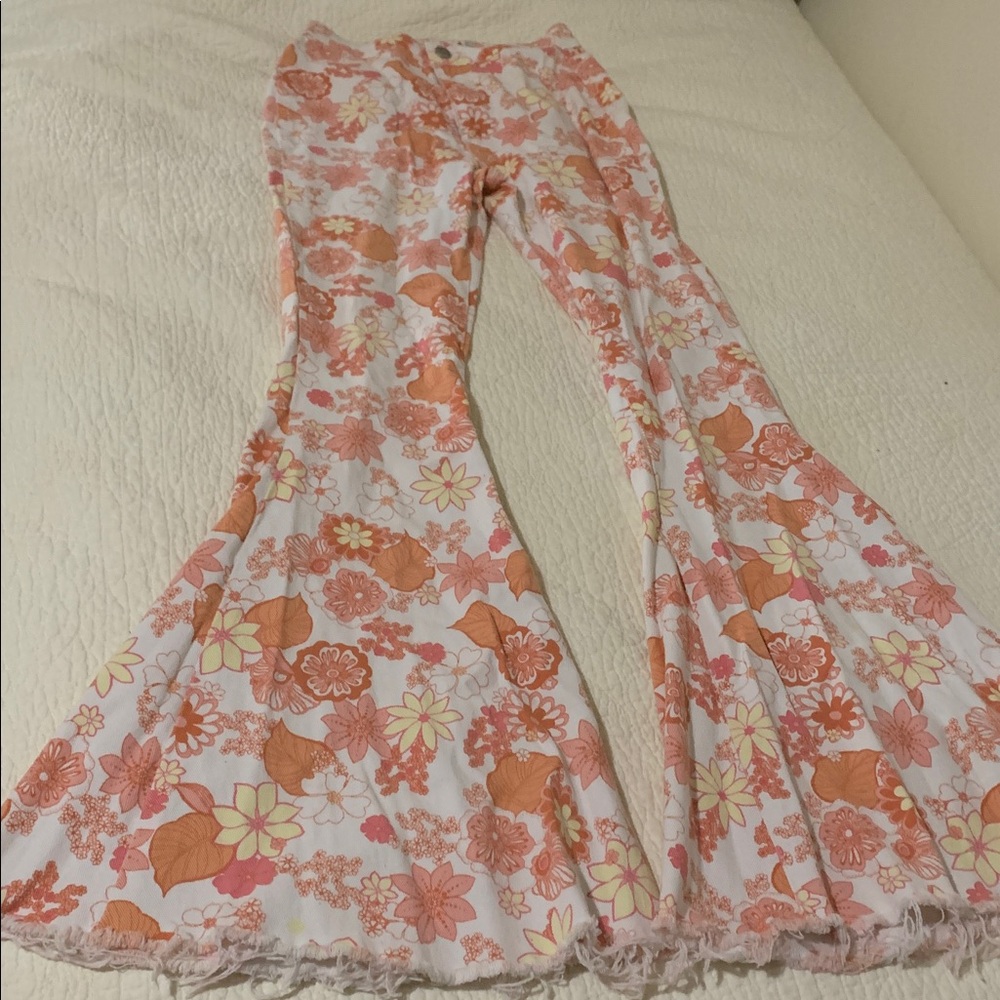Altar'd State Floral Flare Jeans - Pink and Orange